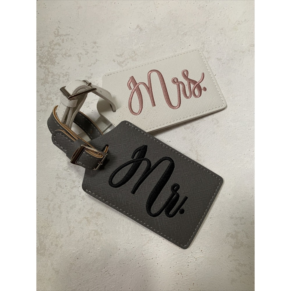 Mr. and Mrs. Bridal Wedding Marriage Luggage Tags by Miamica Gray and White